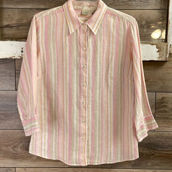 L.L. Bean Linen Button Up Long Sleeve Shirt Top Blouse Size Medium,Pink, Stripes - Picture 1 of 6